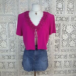 Vtg Julian Taylor Deep Cropped Ruffle‎ Tie Front Coquette Girly Cardigan Sz M